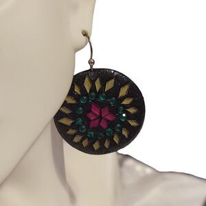 Round Earrings Mirrors Burgundy Green Hooks Metal Backing 1 1/2"